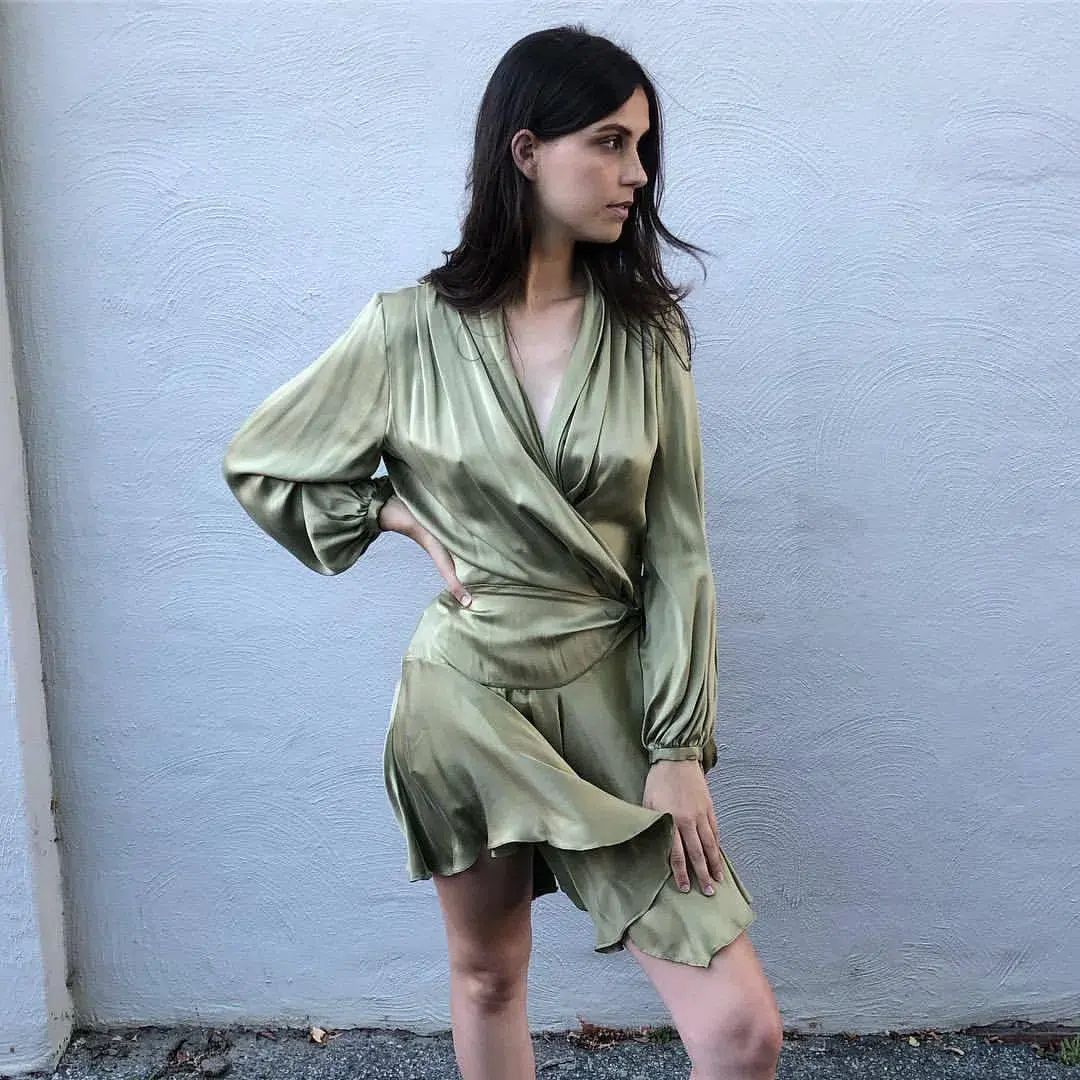 Zimmermann Long Sleeve Sueded Silk Wrap Robe Dress Olive Green Size 0 / AU 8 - Image 3
