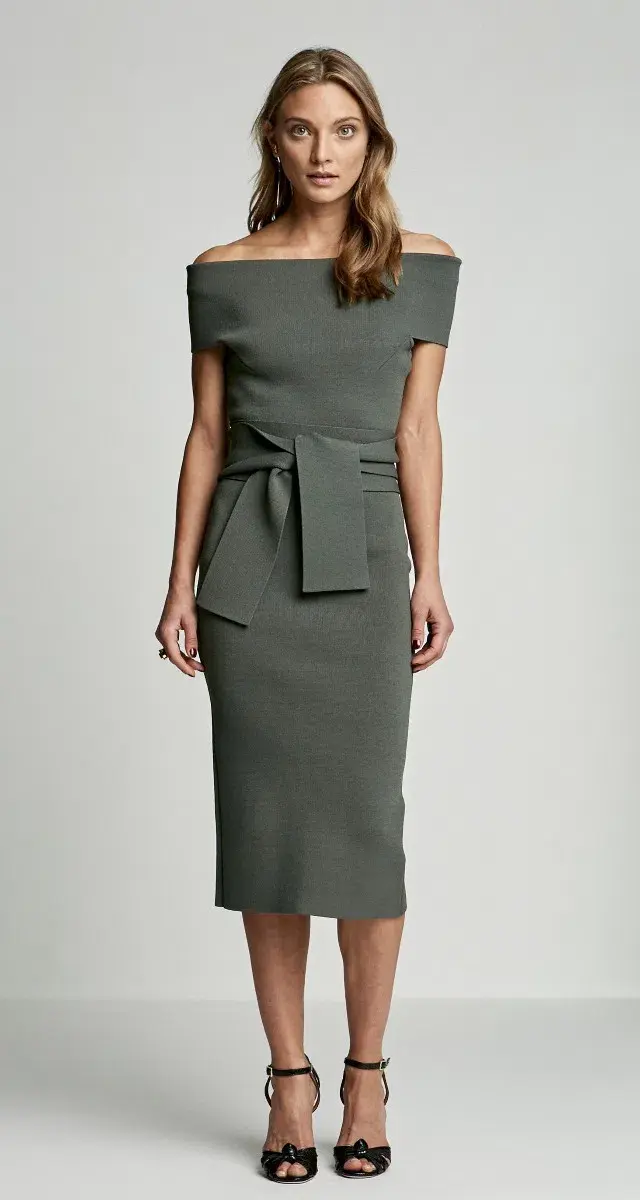 Scanlan Theodore Crepe Knit Off Shoulder Dress Safari Green Size S  - Image 1