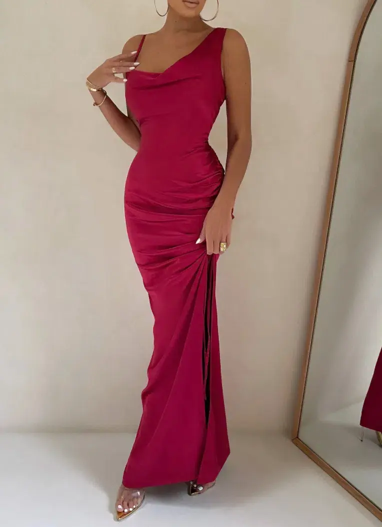 Club L London Belonging Berry Ruched Cowl Maxi Dress Red Size 10 - Image 1