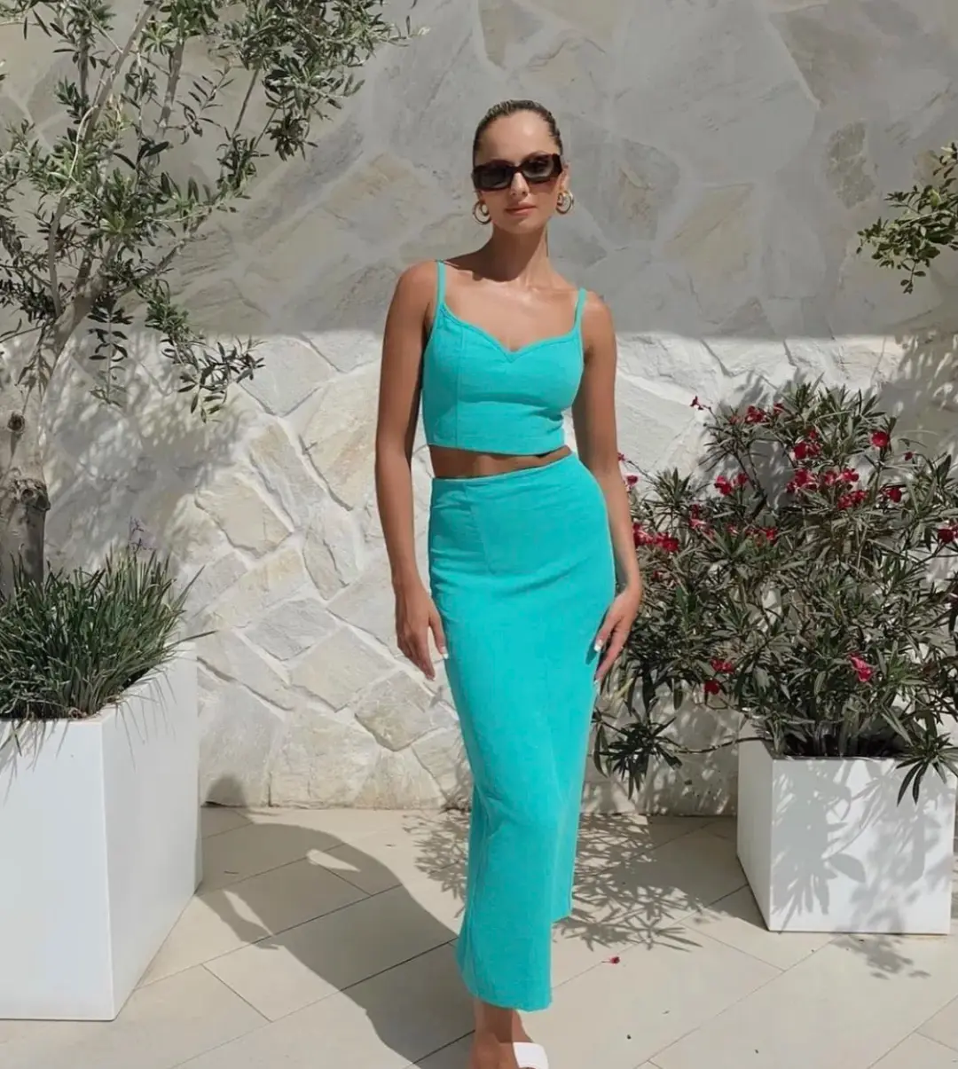 Kookai Oyster Column Skirt and Oyster Panel Top Aqua Green Size 8  for rent on The Volte - main image