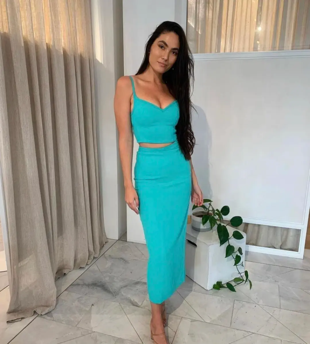 Kookai Oyster Column Skirt and Oyster Panel Top Aqua Green Size 8  for rent on The Volte - main image