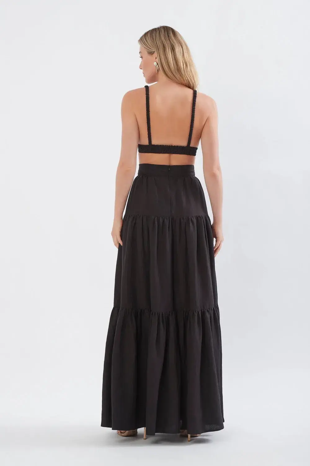 Sonya Moda Linen Bralette and Tiered Linen Midi Skirt Set Black Size 8 - Image 3