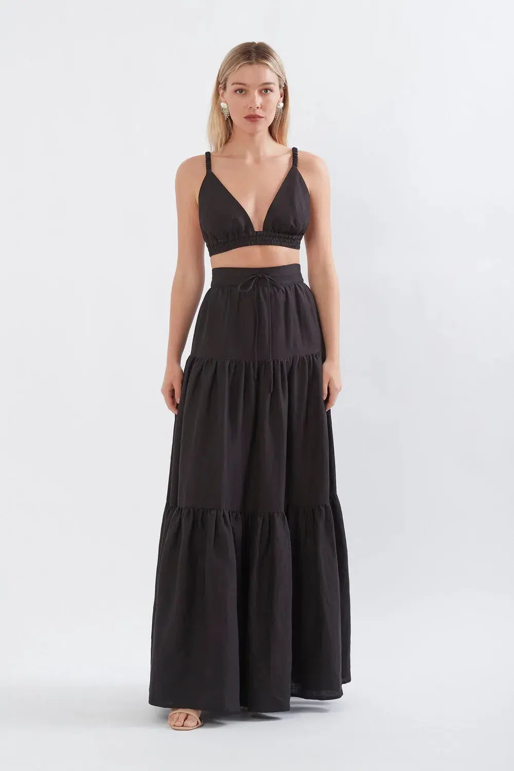 Sonya Moda Linen Bralette and Tiered Linen Midi Skirt Set Black Size 8 - Image 1