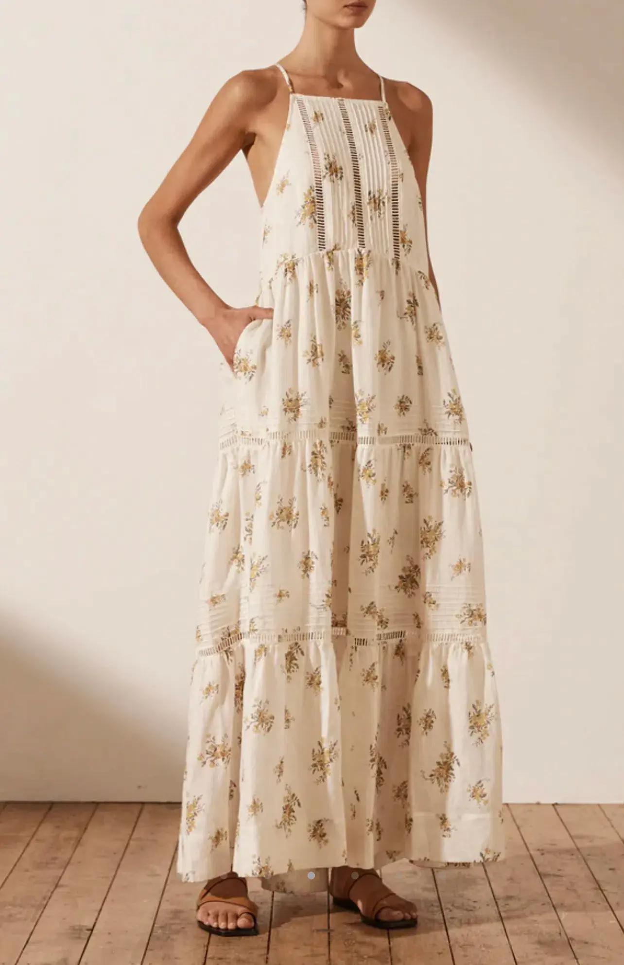 Shona Joy Lila Linen Pin Tuck Sleeveless Maxi Dress Floral Size 10 - Image 4