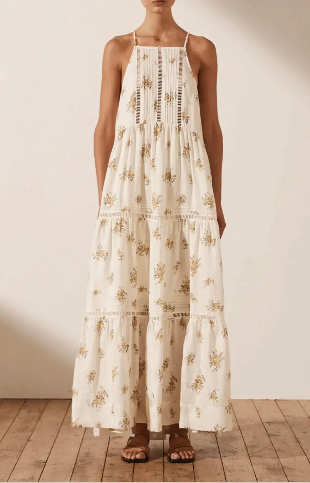 Shona Joy Lila Linen Pin Tuck Sleeveless Maxi Dress Floral Size 10 - Image 2