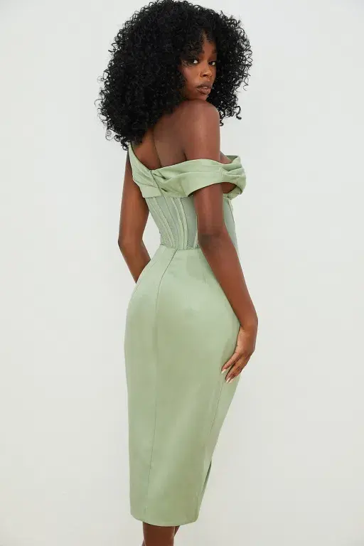 House of CB Lulu Pistachio Asymmetric Drape Corset Midi Dress Green Size 8 for rent on The Volte - main image