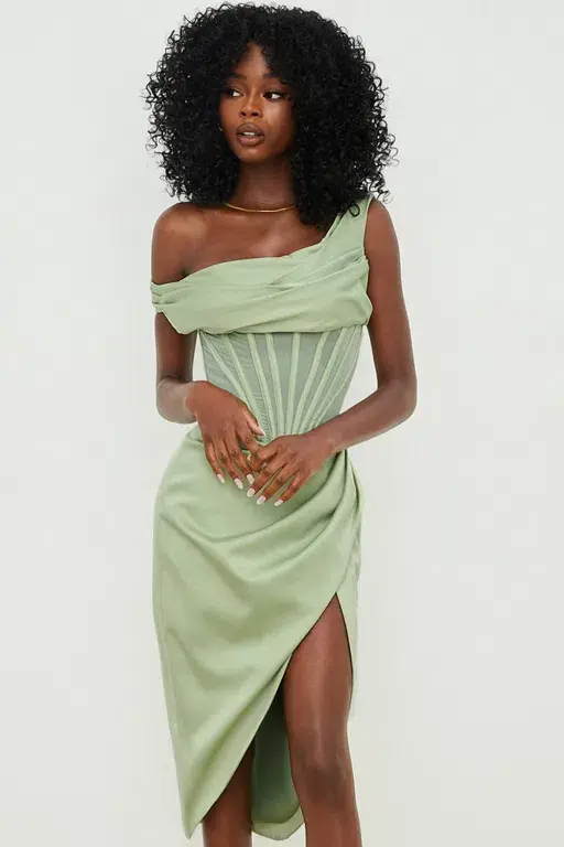 House of CB Lulu Pistachio Asymmetric Drape Corset Midi Dress Green Size 8 - Image 6