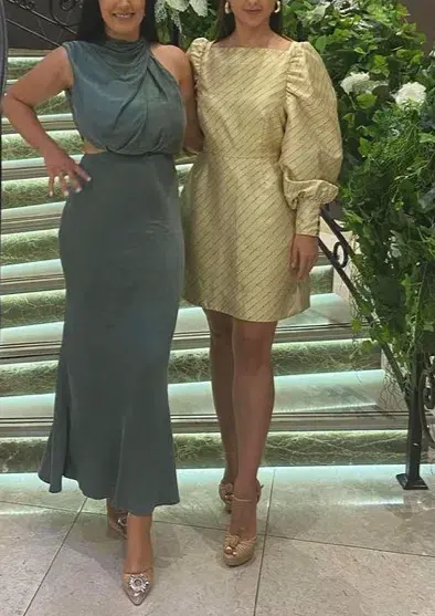 Baum und Pferdgarten Aidy Satin Puff Long Sleeve Mini Dress Gold Size 10 for rent on The Volte - main image