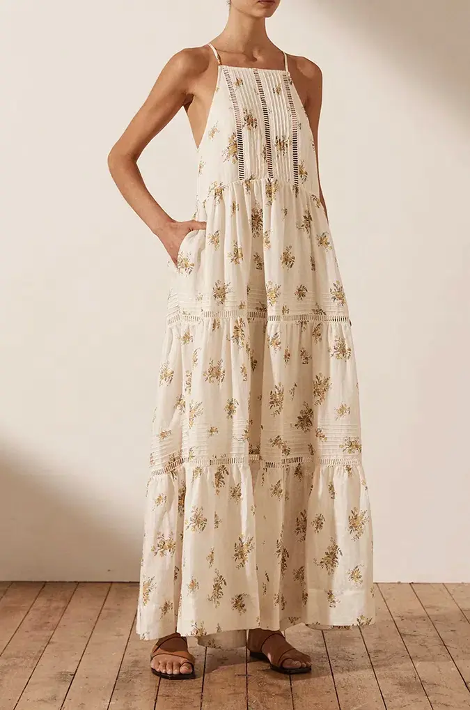 Shona Joy Lila Linen Pin Tuck Sleeveless Maxi Dress Print Size 8  - Image 2