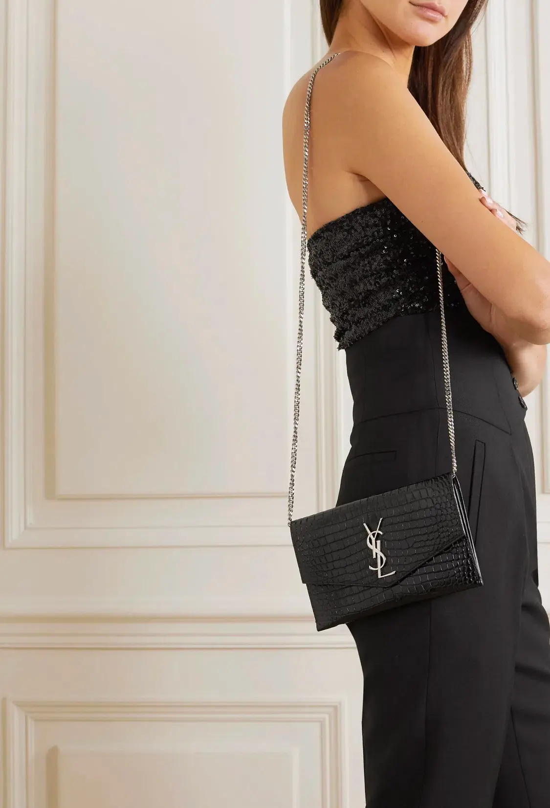 Saint Laurent Croc Leather Shoulder Bag Black - Image 4