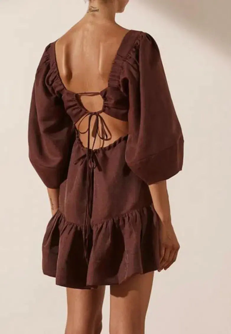 Shona Joy Marlene Linen Mini Dress Brown Size 6 - Image 2
