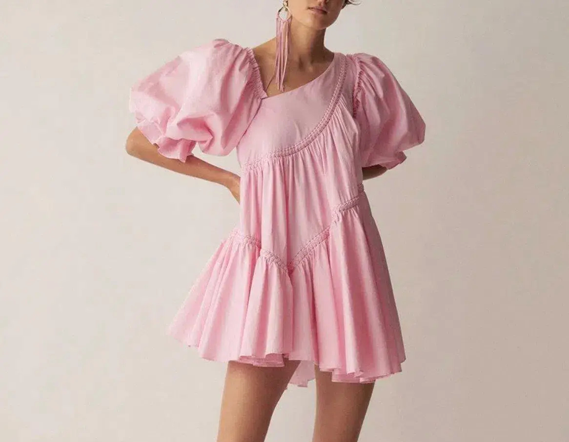 Aje Casabianca Braided Asymmetric Puff Sleeve Mini Dress Pink Size 16 - Image 3