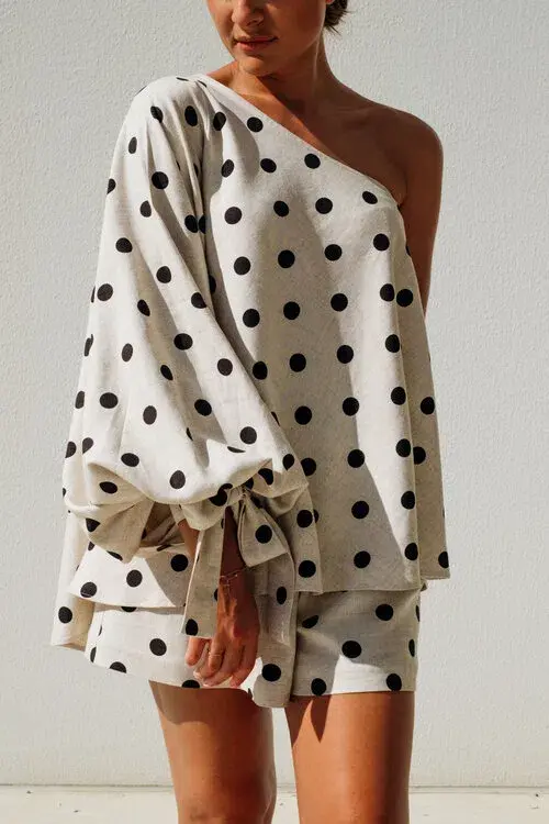 Isabella Longginou Natural Polka Dot Shirt & Short Set Print Size 8 - Image 3