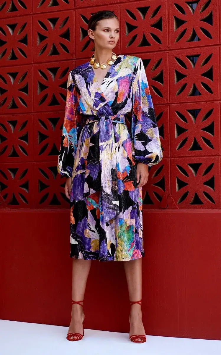 Rebecca Vallance Belladonna Lamé Midi Dress Print Size 8 - Image 1