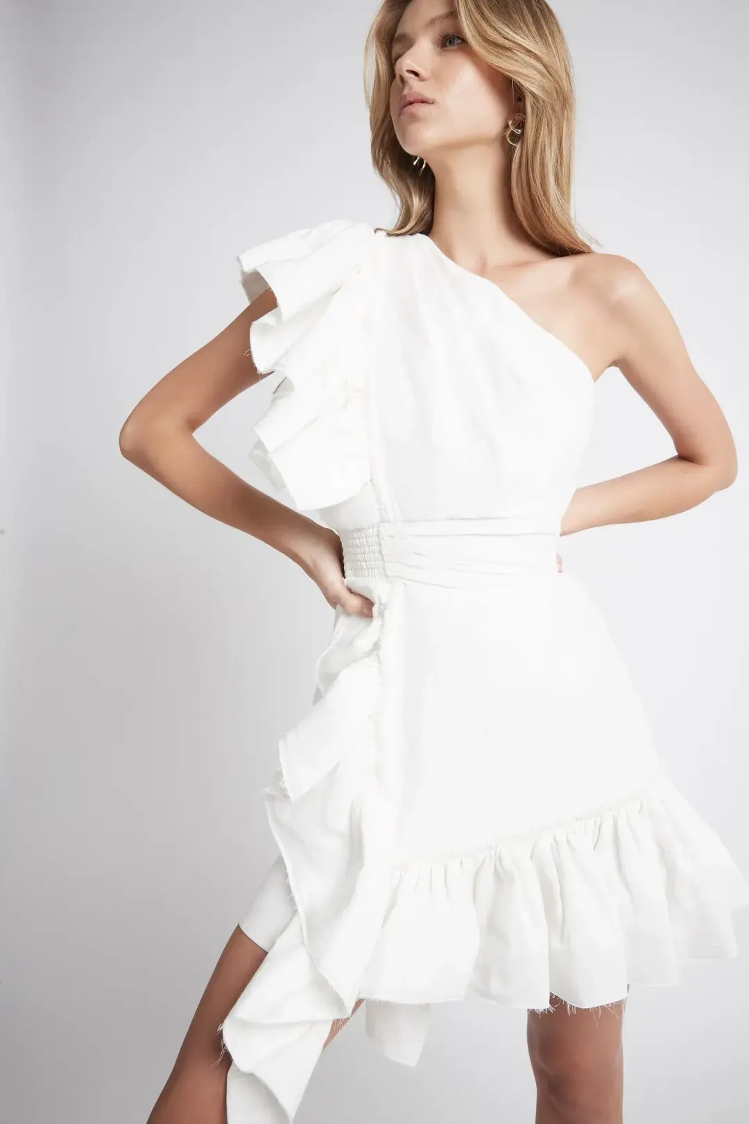 Aje White Bonjour Asymmetric Mini Dress White Size 14 for rent on The Volte - main image