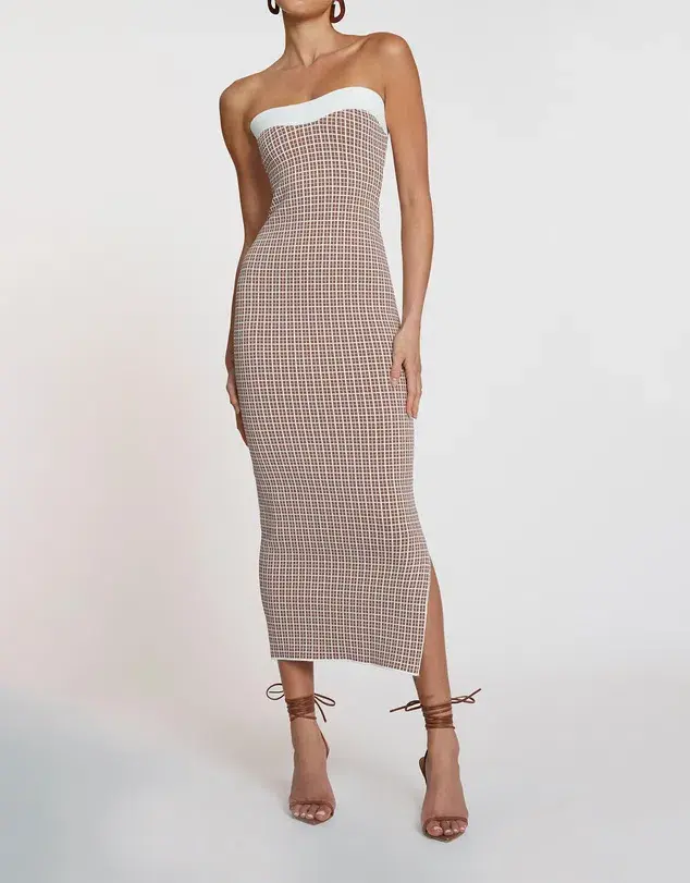 By Johnny Isabella Check Strapless Knit Dress Brown Ivory Size 6 - Image 1