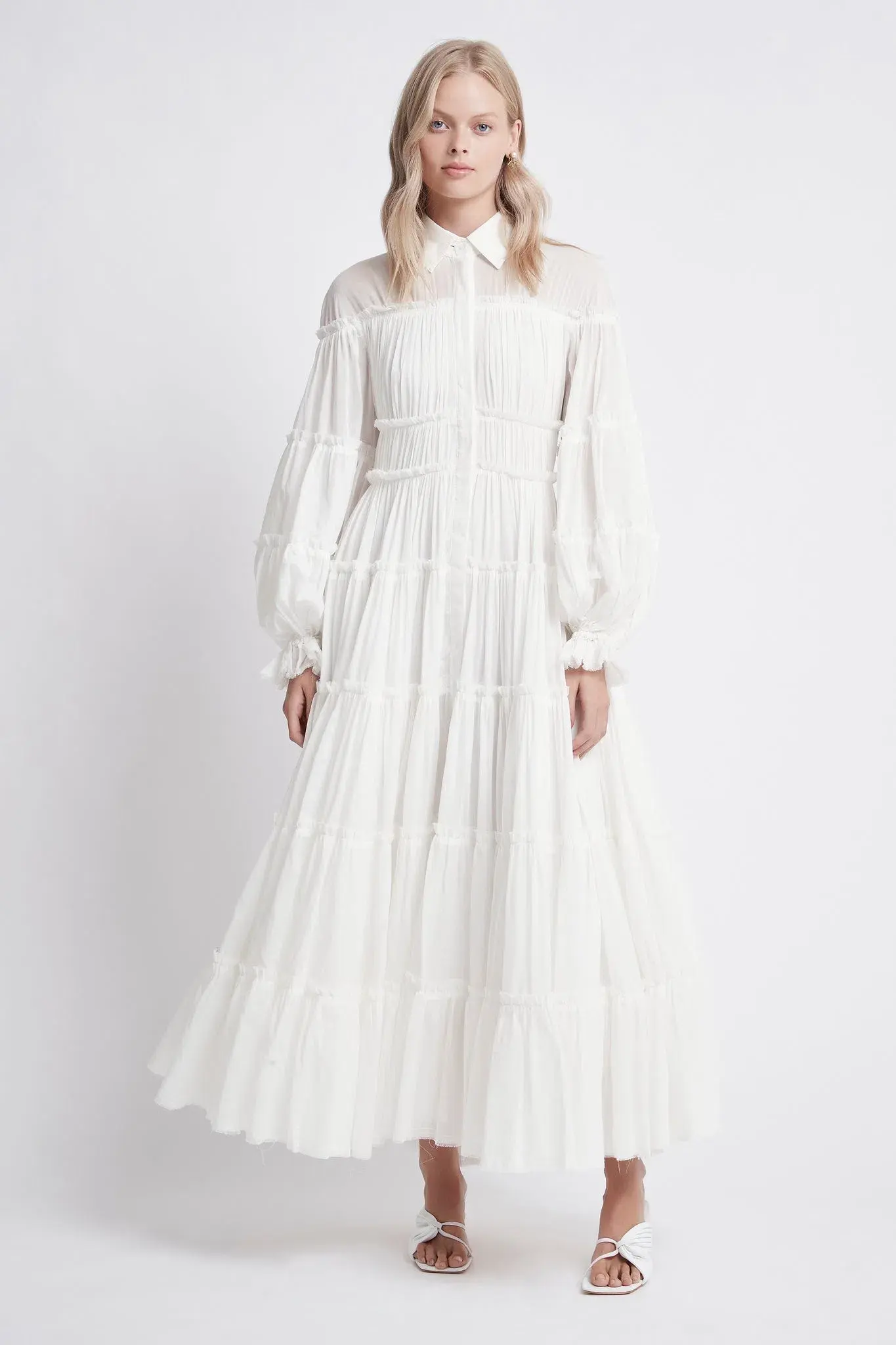 Aje Serenity Cutout Tiered Cotton Shirt Dress White Size 10  - Image 1