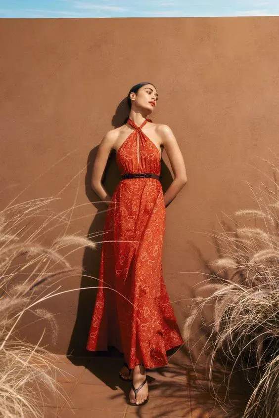 Scanlan Theodore Cotton Paisley Halter Dress Red Size AU 8 for rent on The Volte - main image