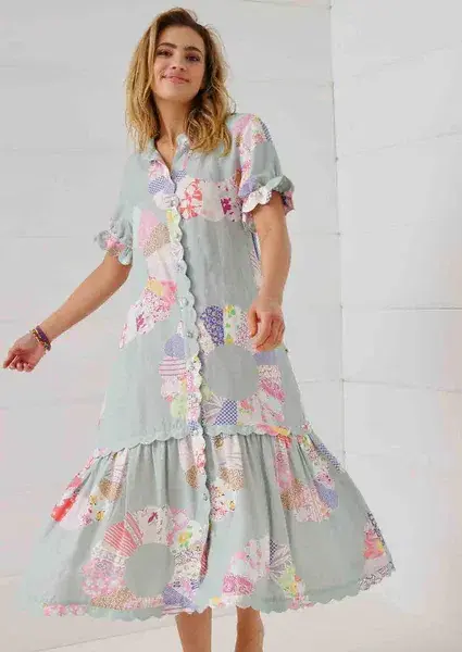 Binny Wheel of Fortune Linen Viscose Midi Dress Chambray Patchwork Print Size 16 - Image 5