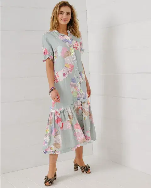 Binny Wheel of Fortune Linen Viscose Midi Dress Chambray Patchwork Print Size 16 - Image 6