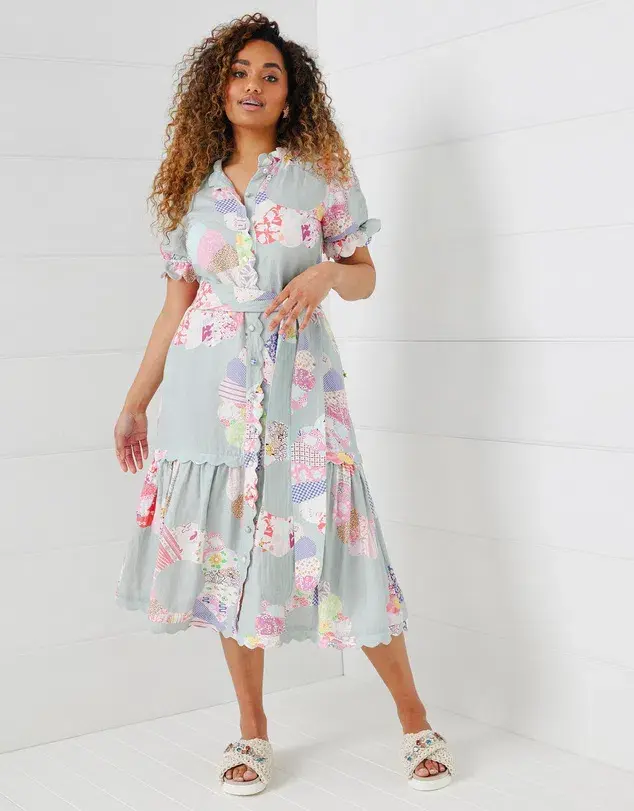 Binny Wheel of Fortune Linen Viscose Midi Dress Chambray Patchwork Print Size 16 - Image 1
