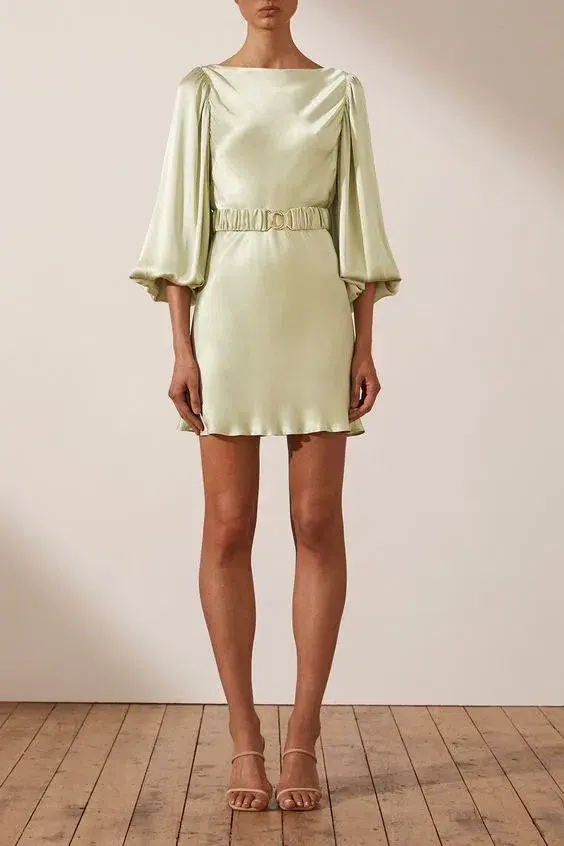 Shona Joy Giselle Balloon Sleeve Mini Dress with Belt Green Size 10 - Image 1