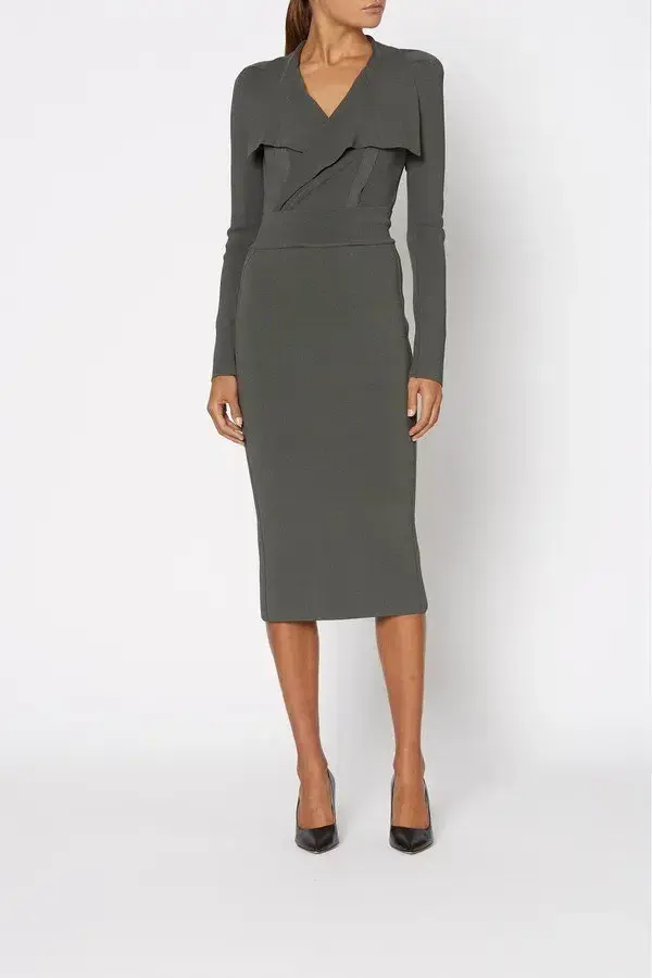 Scanlan Theodore Crepe Knit Drape Front Dress Safari Size M - Image 1