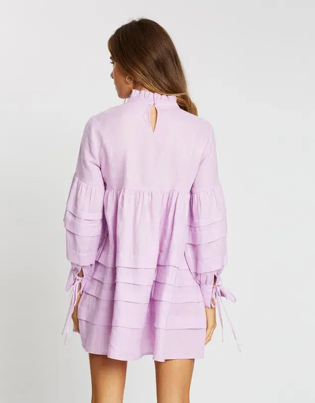 Aere Pleat Detail Linen Smock Dress Lilac Size 10 - Image 4