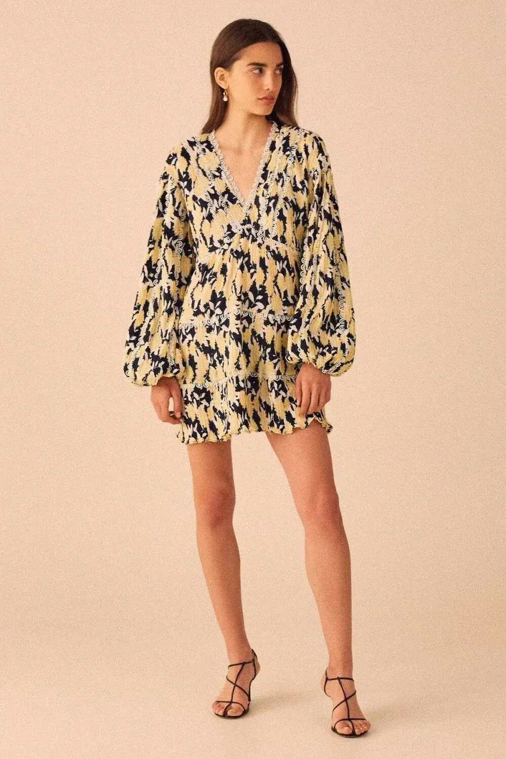 C/MEO Collective Enlight Long Sleeve Mini Smock Dress Marigold Floral Size 10 - Image 1