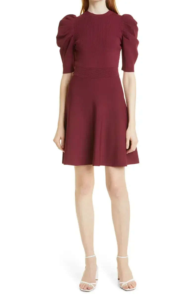 Ted Baker Lorna Puff Sleeve Knitted Skater Dress Burgundy Size 2 for rent on The Volte - main image