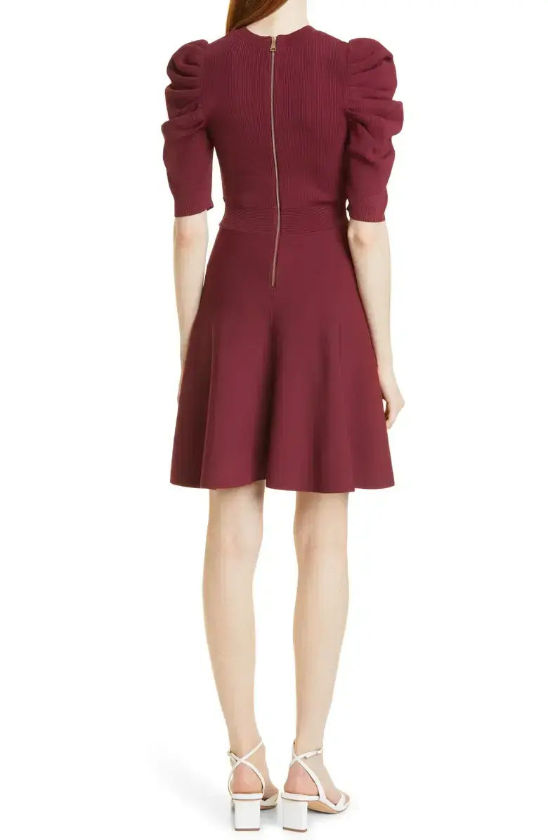 Ted Baker Lorna Puff Sleeve Knitted Skater Dress Burgundy Size 2 for rent on The Volte - main image