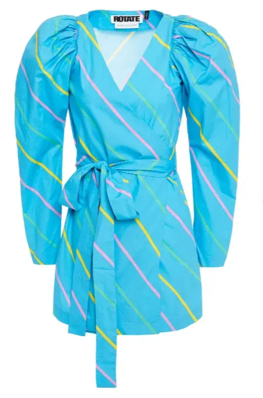 Rotate by Birger Christen Bridget Striped Cotton Poplin Mini Wrap Dress Blue Size 36 - Image 3