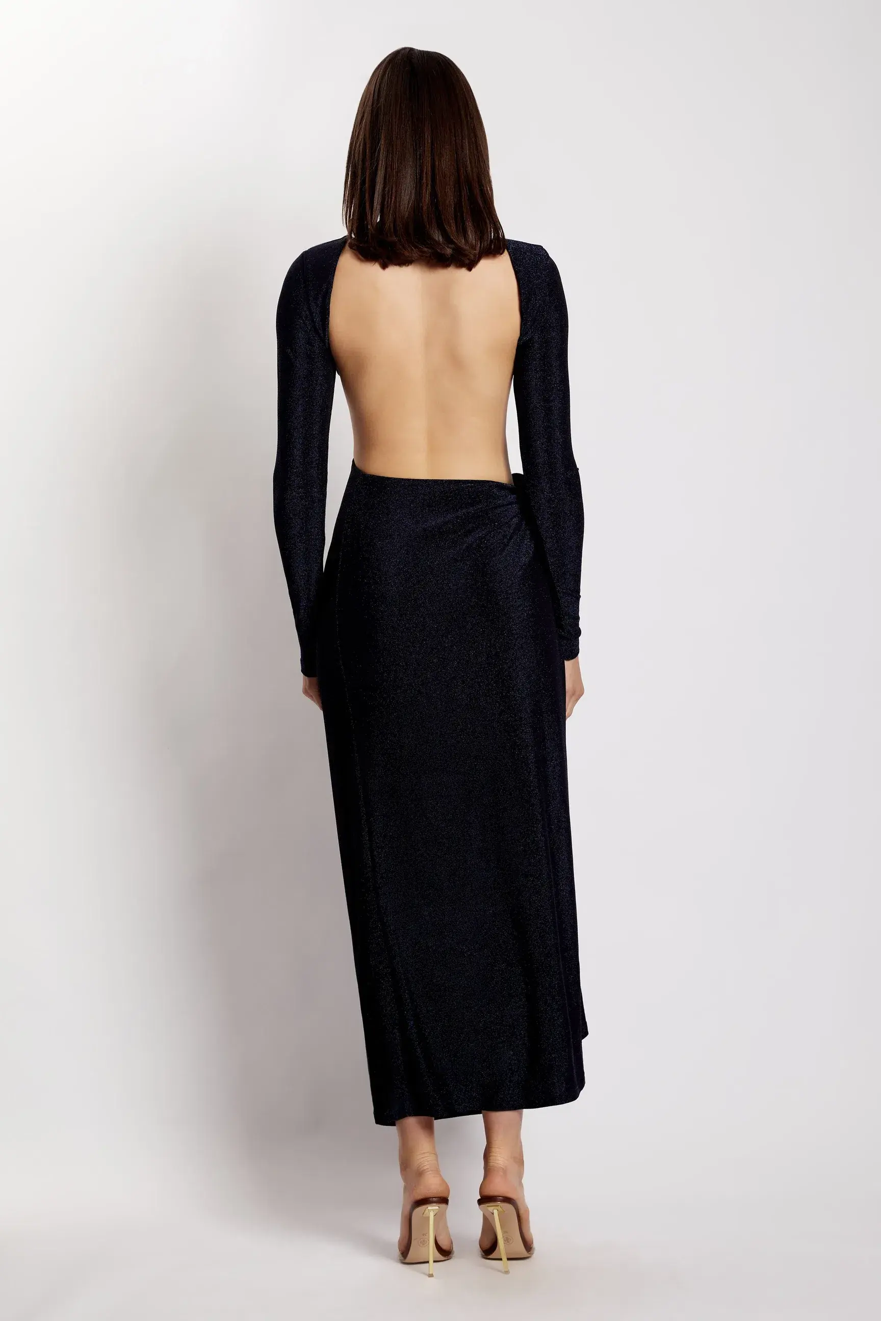 Meshki Christina Backless Maxi Wrap Dress in Navy Shimmer Size 8 - Image 4