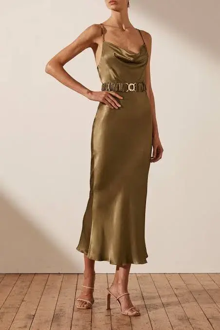 Shona Joy Gala Bias Midi Dress with Belt Warm Olive Green Size 8 - Image 4