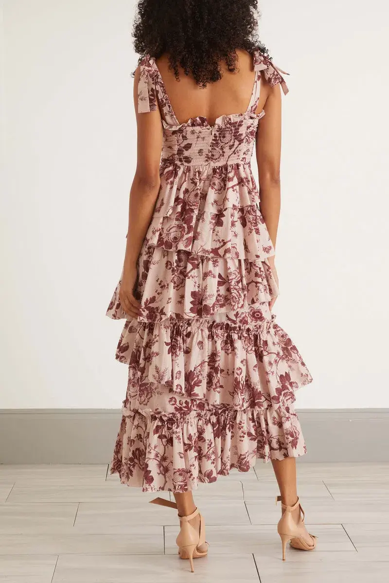 Alemais Heather Tiered Midi Dress in Burgundy Print Size 12  - Image 2