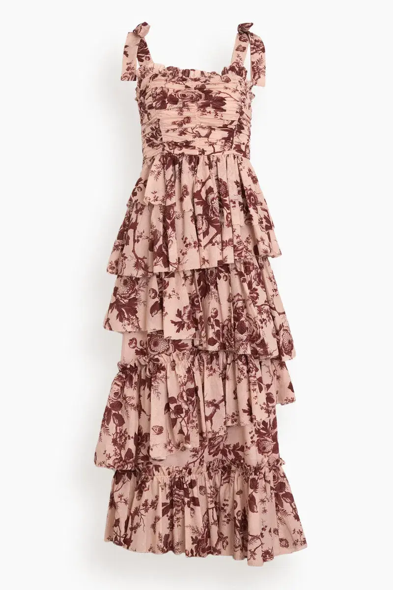 Alemais Heather Tiered Midi Dress in Burgundy Print Size 12  - Image 3