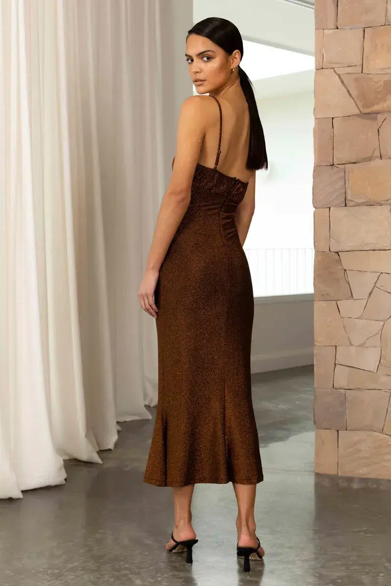 Misha Pearl Midi Dress in Copper Brown Size 8 for rent on The Volte - main image