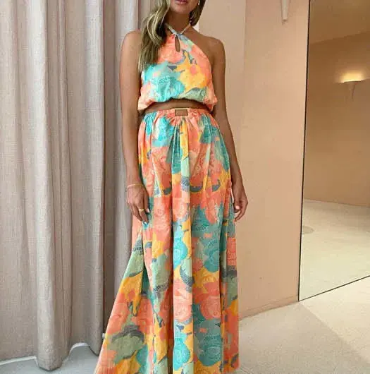 New Romantics Dolce Vita Halter Crop Size 10 and Maxi Skirt Size 8 Set Summer Rose Print for rent on The Volte - main image