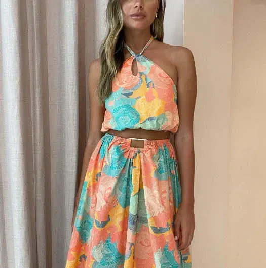 New Romantics Dolce Vita Halter Crop Size 10 and Maxi Skirt Size 8 Set Summer Rose Print for rent on The Volte - main image