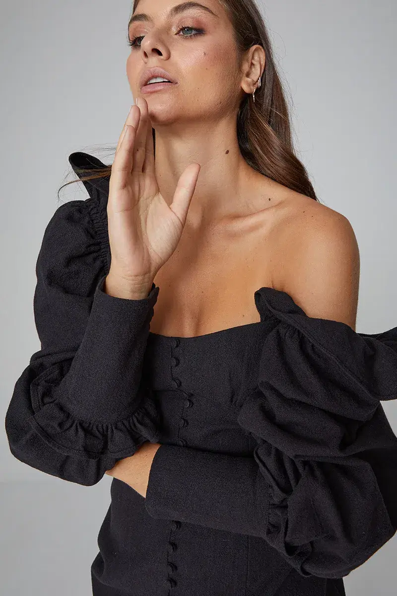 Asilio Ruffle LS Linen Dress Black Size 6 for rent on The Volte - main image