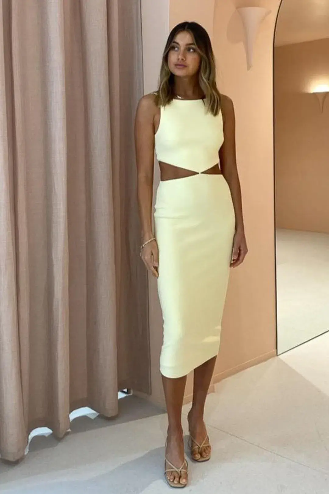 Bec & Bridge Scout Cut Out Midi Dress in Lemonade Size 10  for rent on The Volte - main image