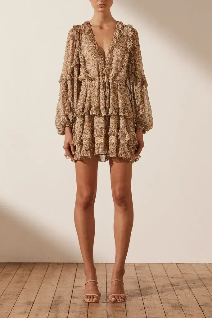 Shona Joy Ambar Balloon Sleeve Frill Mini Dress Brown Size 12  - Image 1