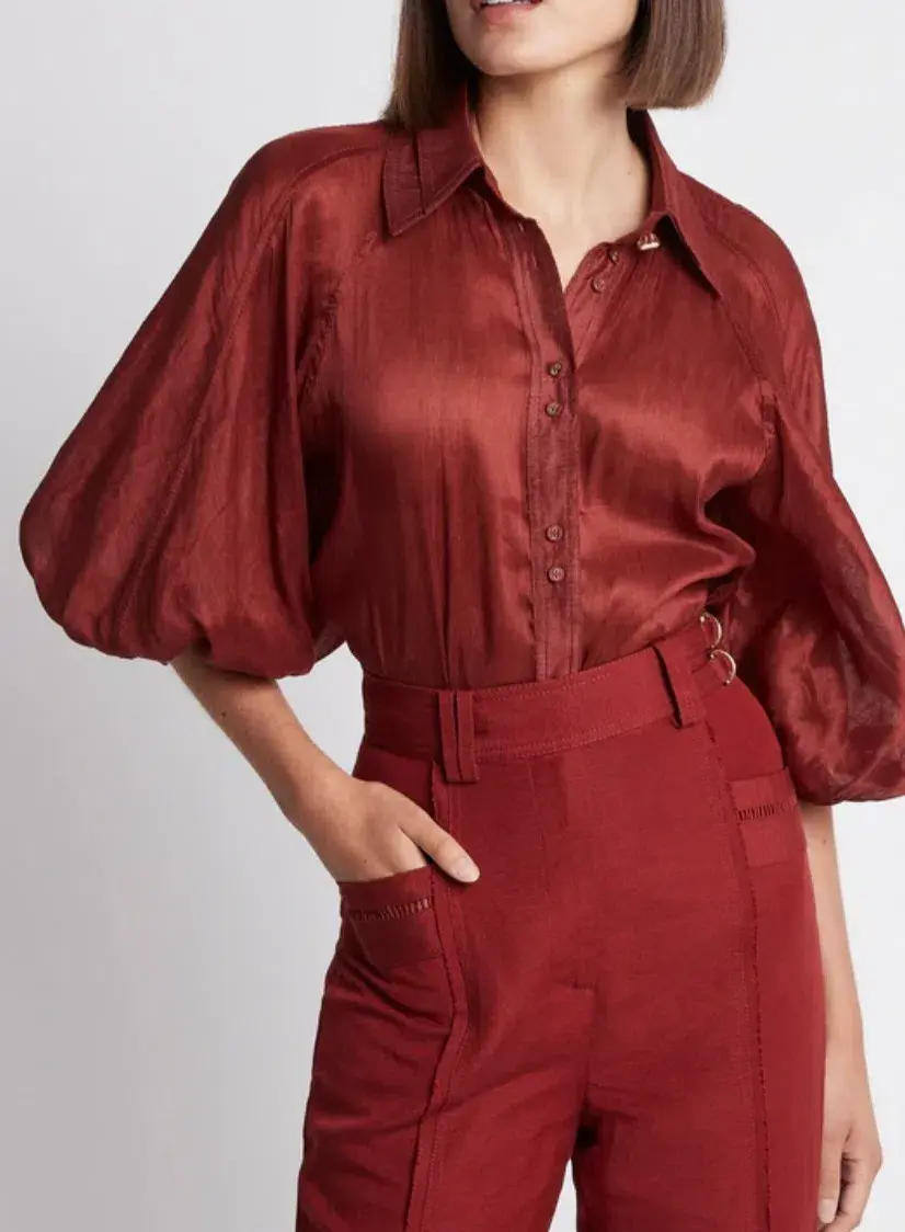 Aje Palms Puff Sleeve Shirt Burgundy Size 12 - Image 1