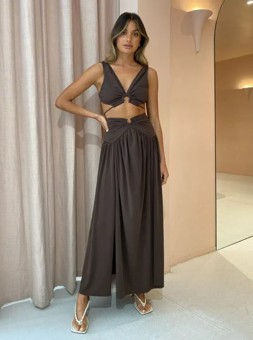 Bec & Bridge Joelene V Crop Top and Maxi Skirt Set Cognac Brown Size 8 for rent on The Volte - main image