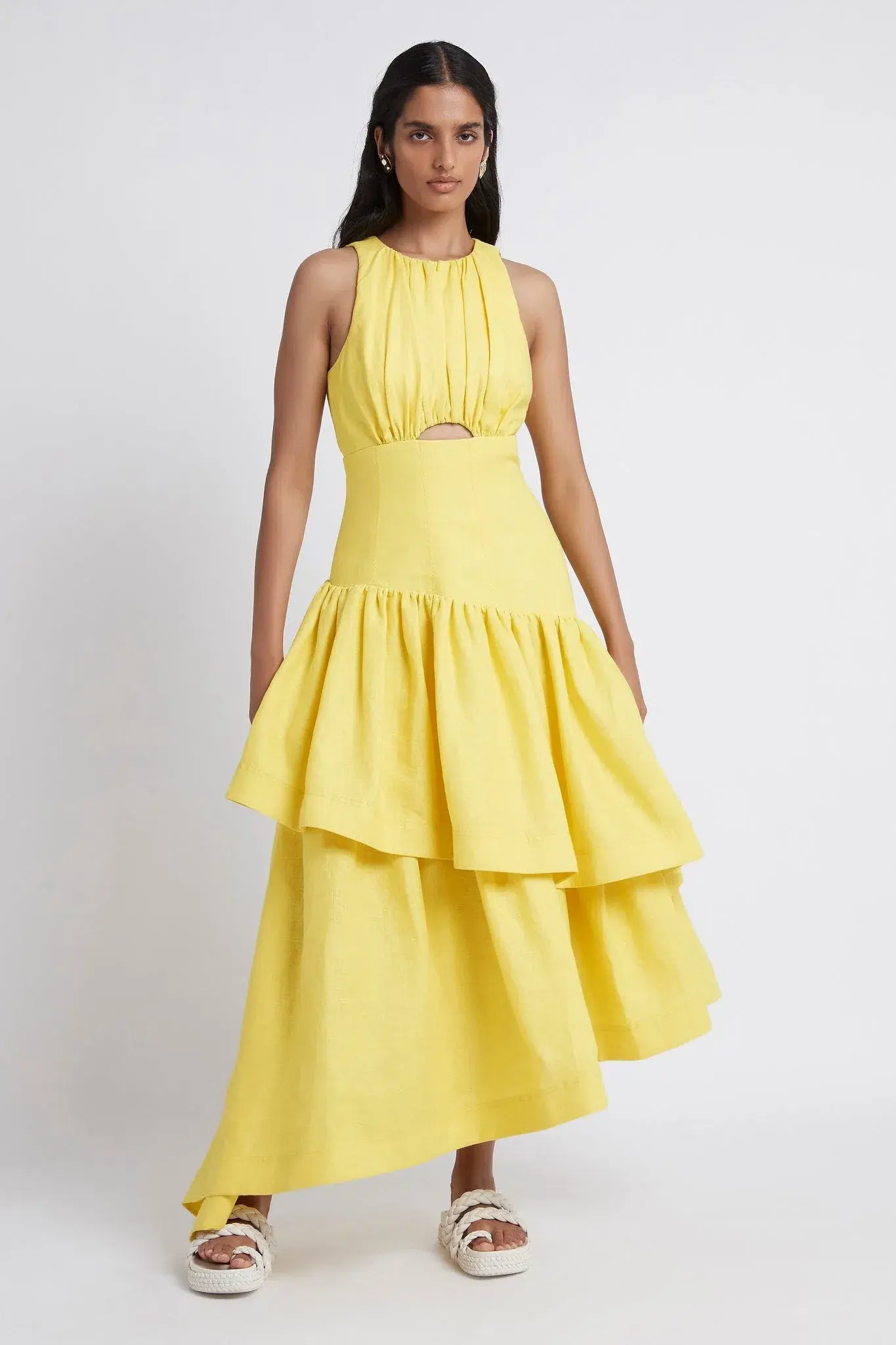 AJE Caliente Tiered Cut Out Dress Yellow Size 8 - Image 1