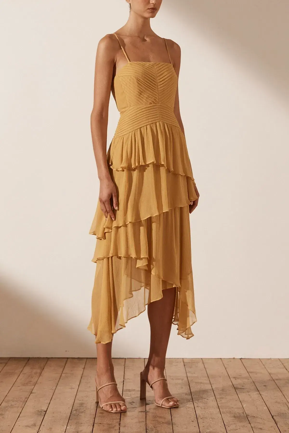 Shona Joy Iris Pin Tuck Frill Midi Dress Yellow Size 12 - Image 4
