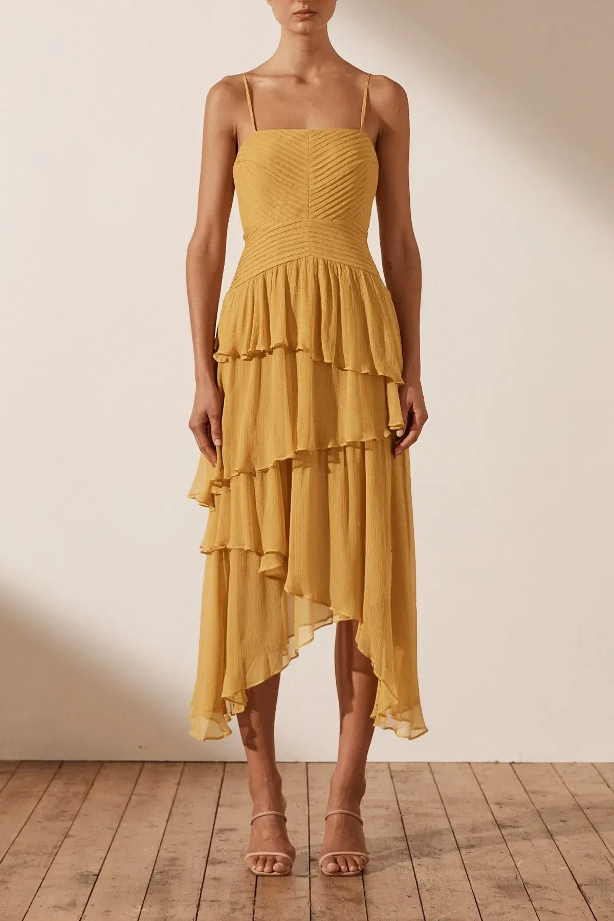 Shona Joy Iris Pin Tuck Frill Midi Dress Yellow Size 12 - Image 1