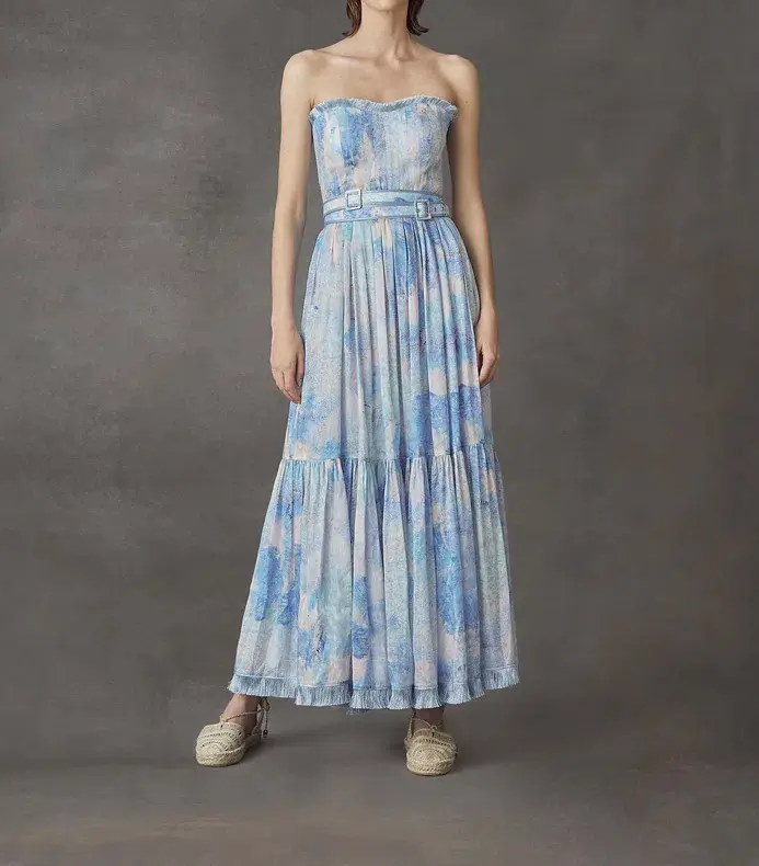 Leo and Lin Oceania Silk Linen Strapless Dress Print Size 10 - Image 3
