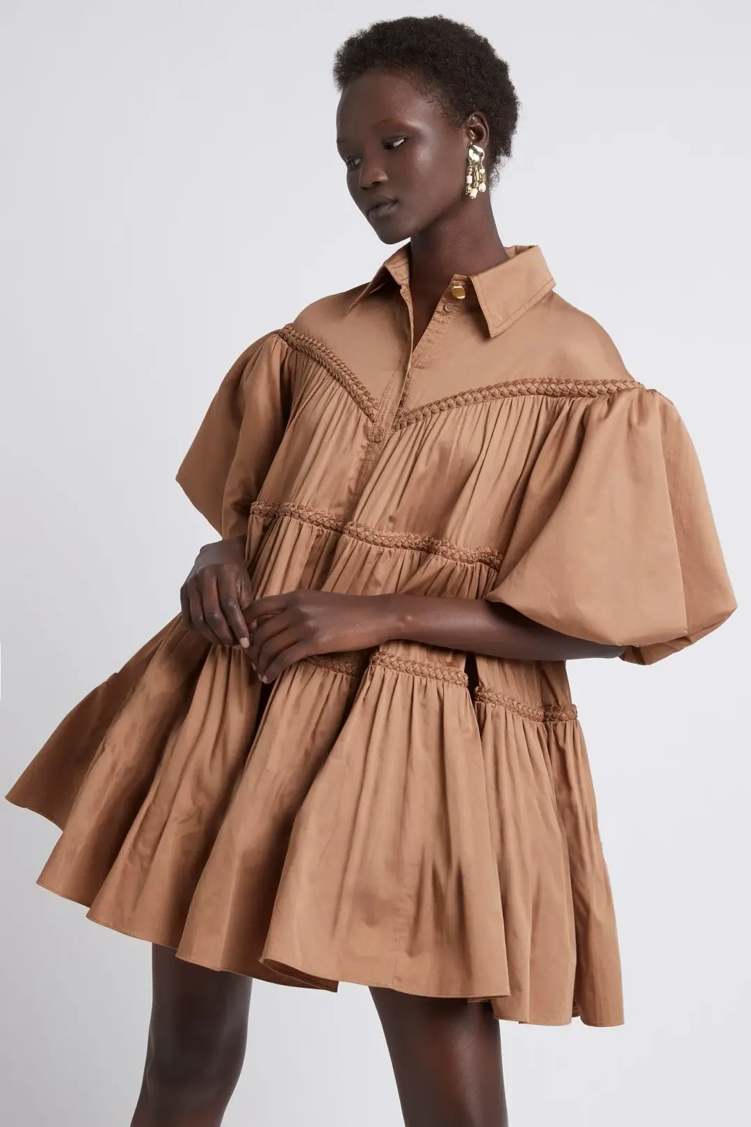 Aje Casabianca Puff Sleeve Shirt Smock Dress Walnut Brown Size 8  for rent on The Volte - main image
