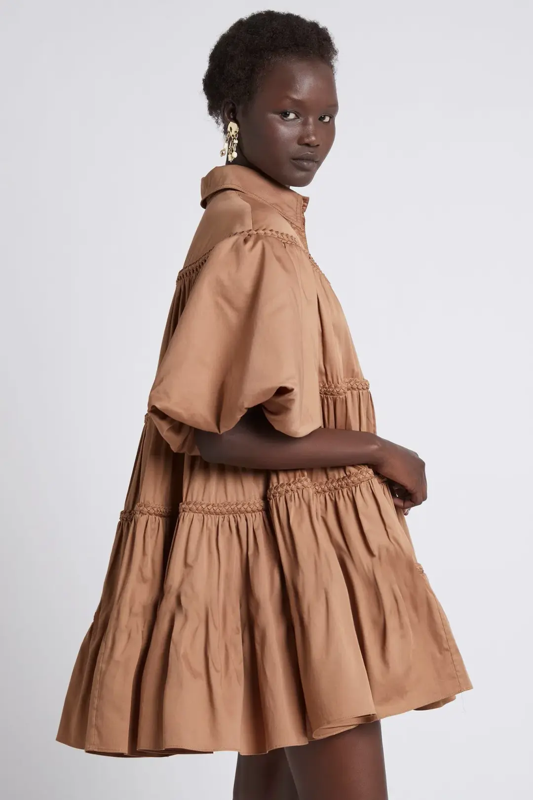 Aje Casabianca Puff Sleeve Shirt Smock Dress Walnut Brown Size 8  for rent on The Volte - main image
